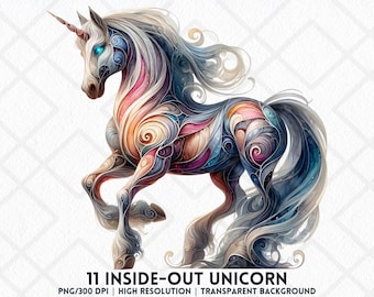 Binnenstebuiten eenhoorn PNG fantasie anatomische eenhoorn clipart wervelende spier textuur psychedelische paard ongewenste journaling kaarten maken decor kinderkamer