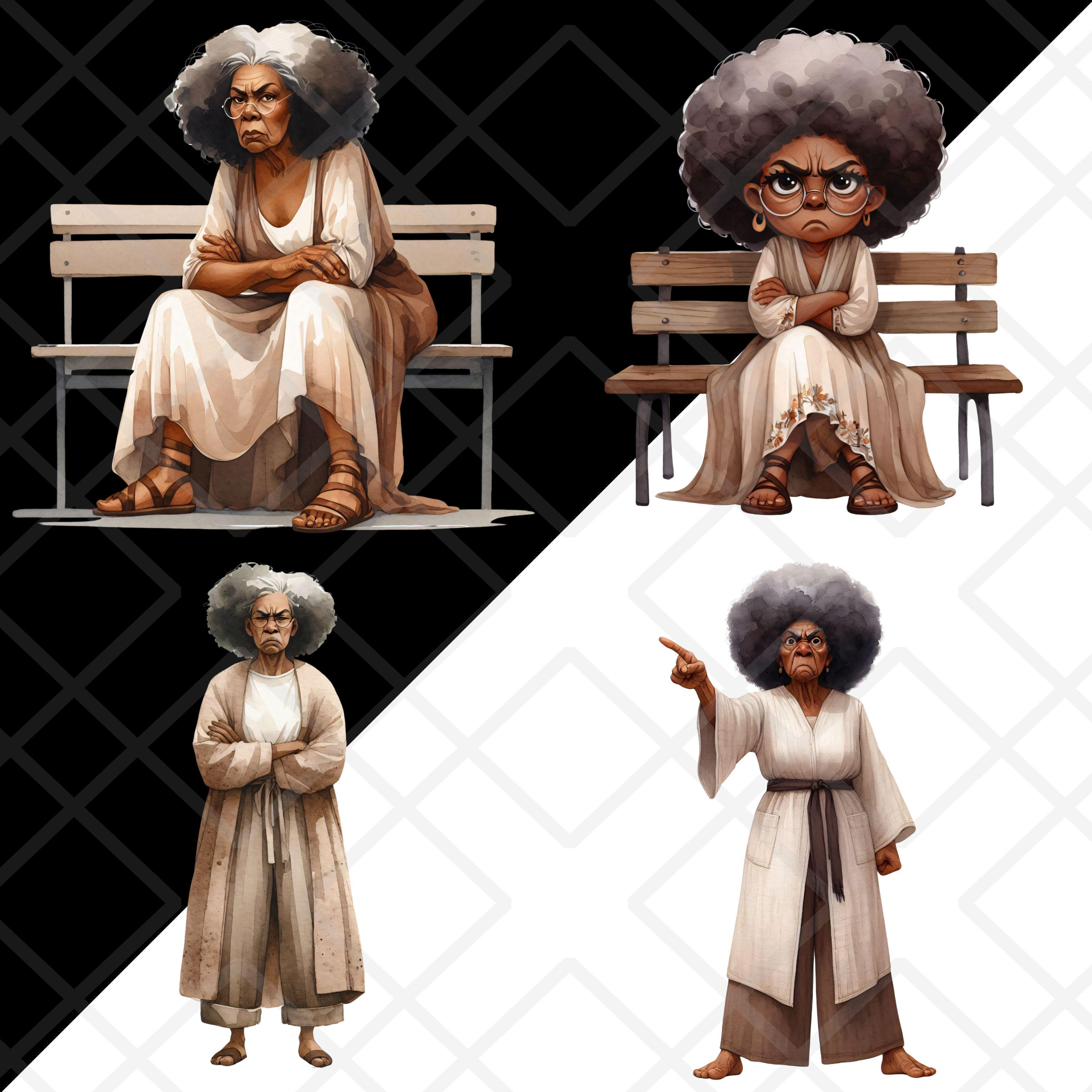 Funny Grumpy Black Old Ladies Clipart PNG, Cute Sassy Afro-american ...