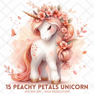 Clipart licorne pétales de pêche, aquarelle licorne florale JPG, joli cheval fantaisie printanier avec fleurs, créations artistiques en papier fantaisistes pour chambre d'enfants