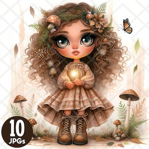 Watercolor Forest Spirit Girl Clipart, Whimsical Woodland Fairy Digital Sticker, Fantasy Nature Illustration, Mystical Forest Nymph JPG