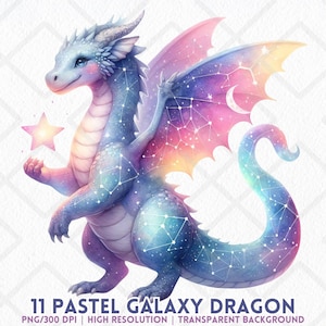 Pastel Galaxy Dragon Clipart PNG schattige sterrenhemel babydraak Rainbow Fantasy schepsel sterrenbeeld PNG sublimatie digitale sticker ongewenste dagboek