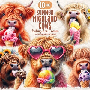 Clipart di mucca delle Highland estive PNG mucca gelato sublimazione mucca divertente e carina arte digitale per adesivi per diario spazzatura decorazioni per bambini artigianato di carta