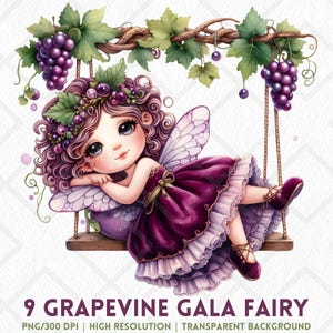 Grapevine Gala Fairy PNG, paarse fee clipart, druif jurk fee digitale sticker, schattige chibi-fee op schommel ongewenste dagboek fruit sprite ambacht