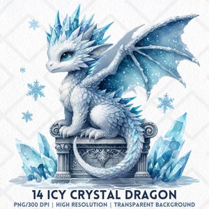 May include: A watercolor illustration of a white and blue icy crystal dragon sitting on a decorative pedestal. The dragon has blue crystal spikes and wings, with snowflakes and crystal formations around it. Text at the bottom reads "14 Icy Crystal Dragon".