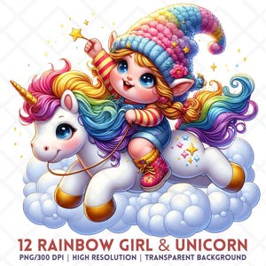 Rainbow Unicorn Gnome Girl Clipart, Colorful Fantasy PNG, Bright Whimsical Digital Stickers, Cute Printable for Sublimation Paper Crafts