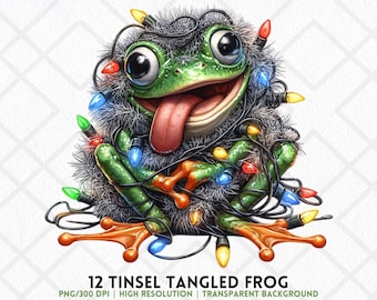 Klatergoud verwarde kikker clipart grappige kerstverlichting kikker PNG leuke vakantie pad PNG sublimatie digitale sticker ongewenste tijdschriften