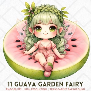 May include: A green-haired fairy with pink wings sits on a slice of watermelon. She is wearing a pink dress and has a green flower crown on her head. The background is a white checkered pattern.