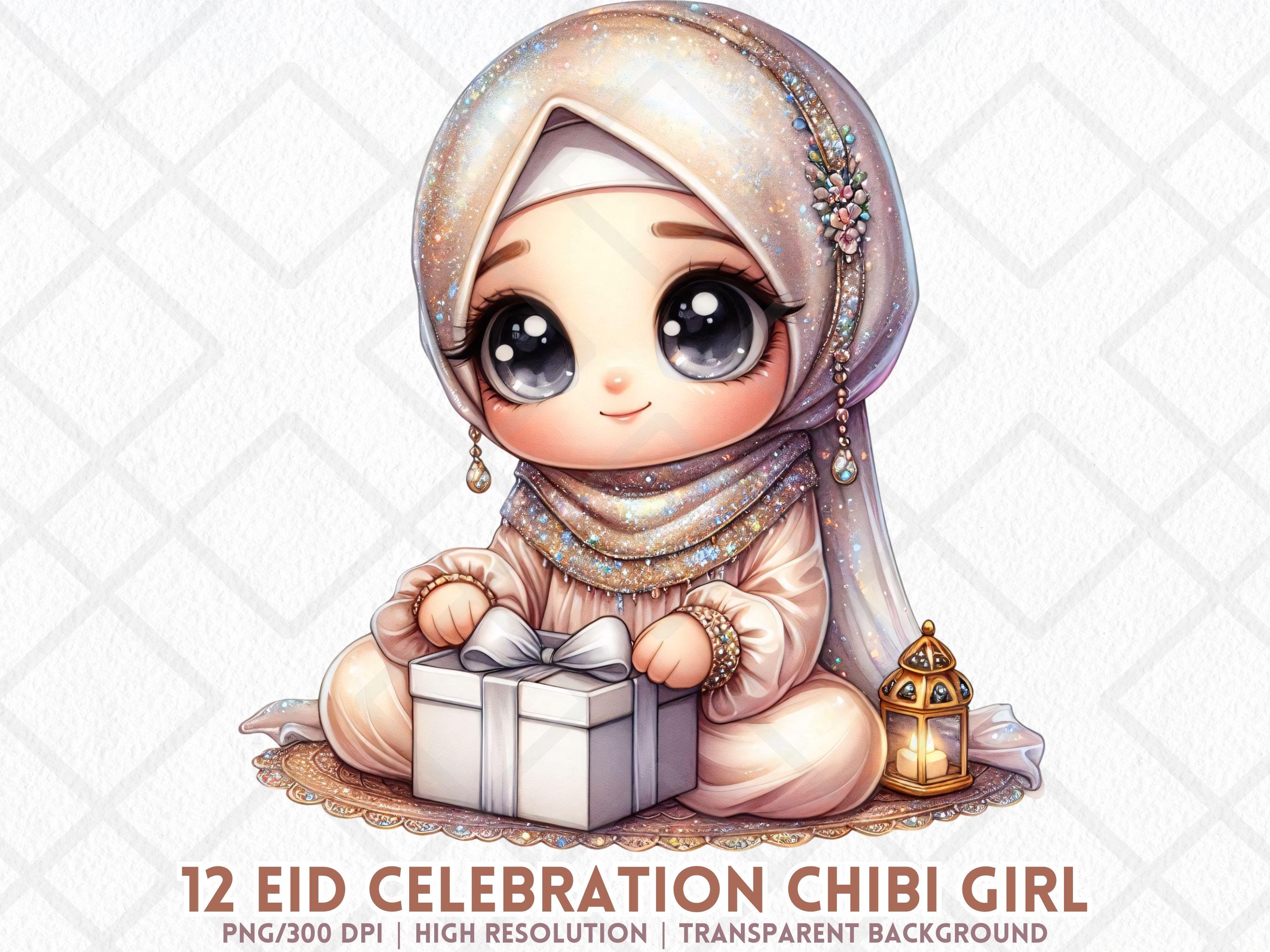 Cute Hijabi Chibi Girl Clipart Eid Celebration Muslim Islam Muslimah PNG Islamic Modesty Girl Clipart Faith Hijabi Clipart Digital Sticker