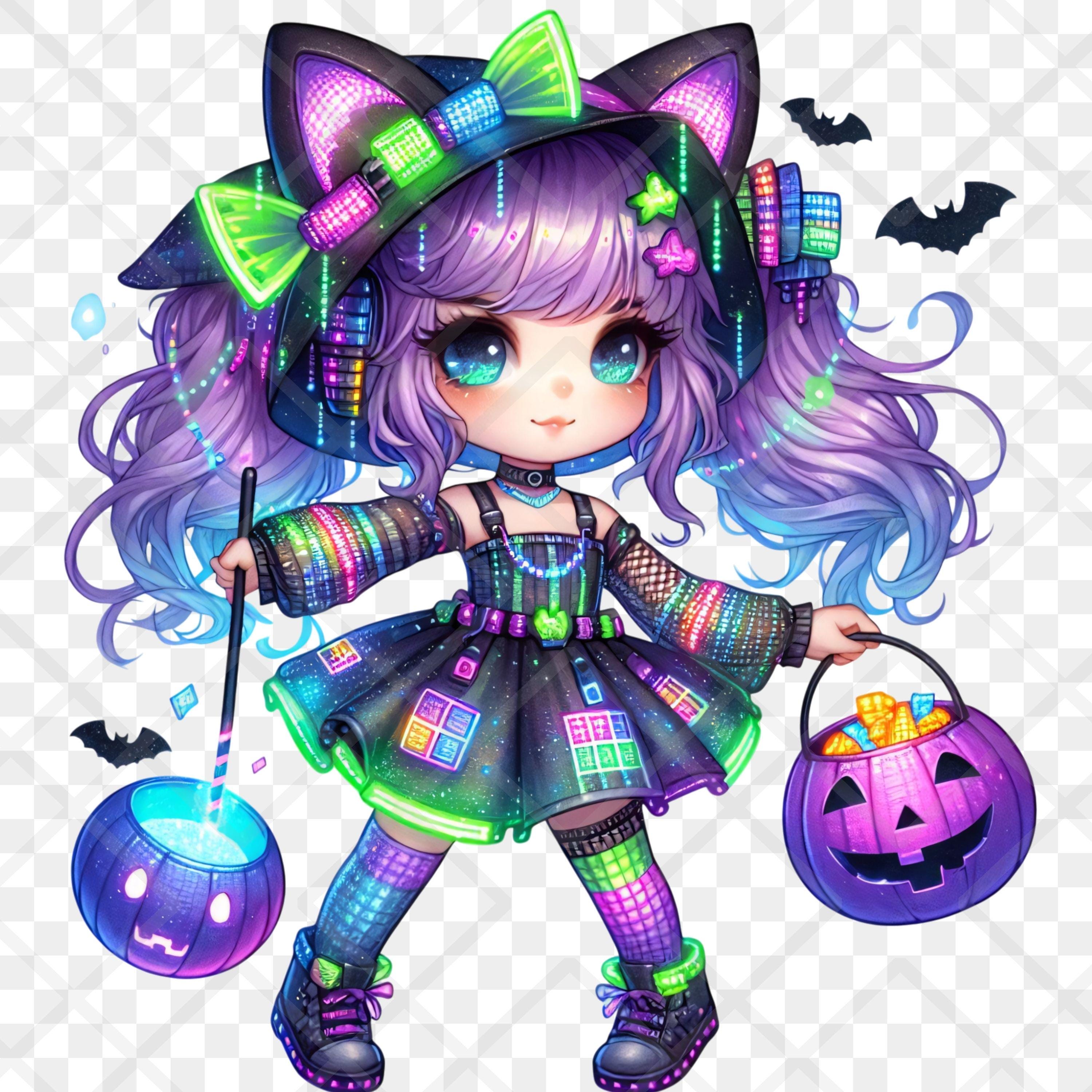 Halloween paarse Teal neon meisje clipart PNG Trick or Treat violet groen  techno heks chibi meisje sublimatie digitale sticker ongewenste  tijdschriften - Etsy België, image size:3000x3000