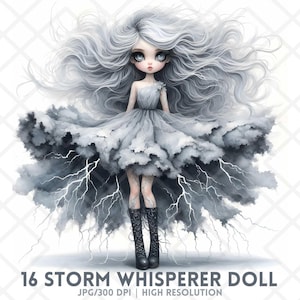 Dromerige stormfee clipart, Fantasy Lightning Girl JPG JPEG, grillige Chibi Gothic, schattige kawaii onweersbui, Storm Whisperer Doll