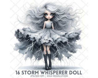 Dreamy Storm Fairy Clipart, Fantasy Lightning Girl JPG JPEG, Whimsical Chibi Gothic, Cute Kawaii Thunderstorm, Storm Whisperer Doll