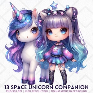 Garota da Galáxia e Unicórnio Clipart PNG Companheiro Espacial Garota Chibi Cósmica com Cabelo de Estrela Unicórnio PNG Sublimação Adesivo Digital Diários de Lixo