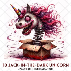 Griezelige Halloween-eenhoorn clipart JPG, Jack-in-the-Box Rainbow Unicorn Art, Jack-in-the-Dark Unicorn, Weirdcore Digital Sticker Crafts