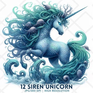 Halloween Einhorn Clipart JPG Fantasie gruselig Sirene Meer Einhorn unheimlich Fabelwesen Wasser Horror Digital Sticker Sublimation Junk Journal