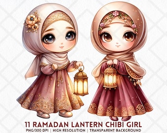 Cute Hijabi Chibi Girl Clipart Ramadan Lantern Muslim Islam Muslimah PNG Islamic Modesty Girl Clipart Faith Lady Clipart Digital Sticker