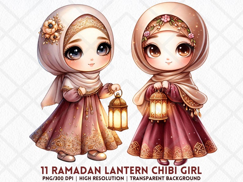 Modesty Sticker Islam Cute Hijabi Chibi Girl Clipart Ramadan Lantern Muslim Islam Muslimah ...