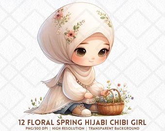 Cute Hijabi Chibi Girl Clipart Spring Floral Muslim Islam Muslimah PNG Islamic Modesty Girl Clipart Faith Hijabi Clipart Digital Sticker
