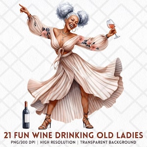 Grappige wijndrinkende oude dames PNG-clipart, aangeschoten oma's digitale stickers, humoristische oma wijnliefhebber digitale download scrapbooking