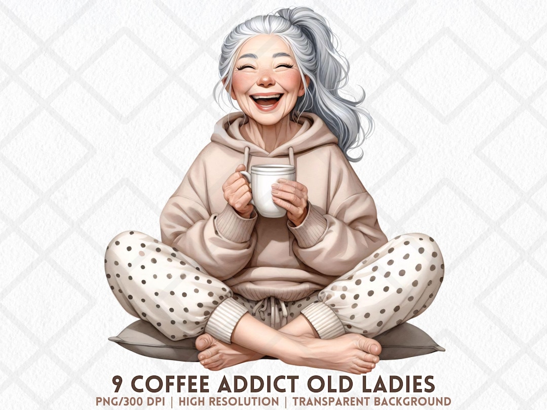 Coffee Lover Old Lady Clipart PNG Cozy Grandma Hoodie Holding Mug ...