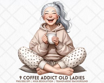 Kaffee-Liebhaber alte Dame Clipart PNG gemütliche Oma Hoodie Haltebecher Koffeinsüchtige Seniorin Transparent PNG Journaling Scrapbooking