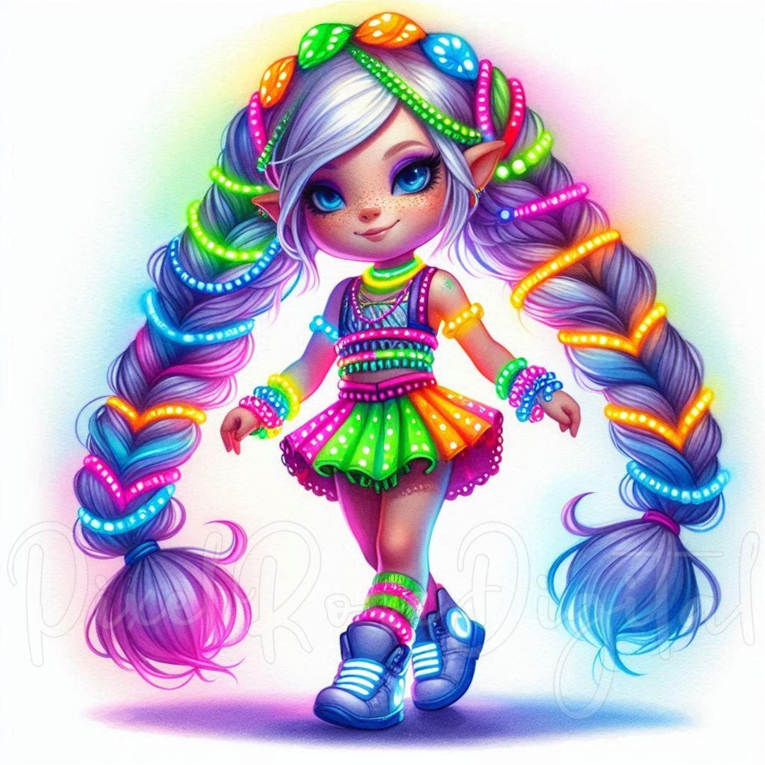 12 Glowstick Raver Girl Clipart JPG Digital Download Neon Rainbow Chibi ...