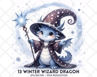 Winter Wizard Dragon Clipart JPG Magical Ice Dragon in Starry Robe Fantasy Winter Crafts JPG Sublimation Digital Sticker Junk Journals