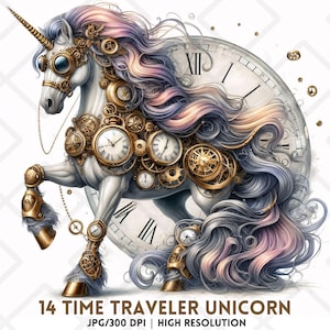 Tijdreiziger Eenhoorn JPG Steampunk Klok Fantasy Horse Clipart Vintage Horloge Gears JPG Junk Journaling Card Making Digitale Sticker