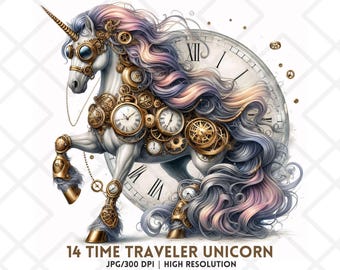 Time Traveler Unicorn JPG Steampunk Clock Fantasy Horse Clipart Vintage Watch Gears JPG Junk Journaling Card Making Digital Sticker