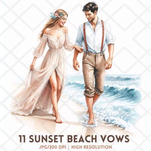 Sunset Beach geloften bruidspaar JPG clipart, romantische oceaan schaking scène, aquarel verloving bruid en bruidegom clip art decor en kaarten