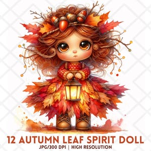 Clipart de menina fada de outono JPG, clipart estético de outono aconchegante, arte de fantasia de floresta caprichosa, adesivos digitais fofos de colheita de chibi kawaii