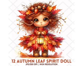 Herfst sprookje meisje clipart JPG, gezellige herfst esthetische clipart, grillige bos Fantasy Art, schattige Chibi kawaii oogst digitale stickers