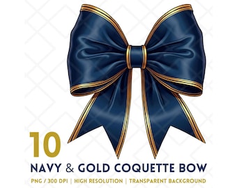 Navy and Gold Coquette Bow Clipart, Elegant PNG (Digital Download)