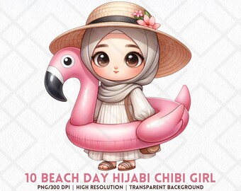 Cute Hijabi Chibi Girl Clipart Beach Day Muslim Islam Muslimah PNG Islamic Modesty Girl Clipart Faith Hijabi Lady Clipart Digital Sticker