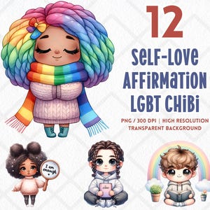 Zelfliefde bevestiging LGBT Chibi clipart Pride Month Gay Lesbian Pride vlag LGBTQIA PNG digitale download ongewenste Journal digitale sticker