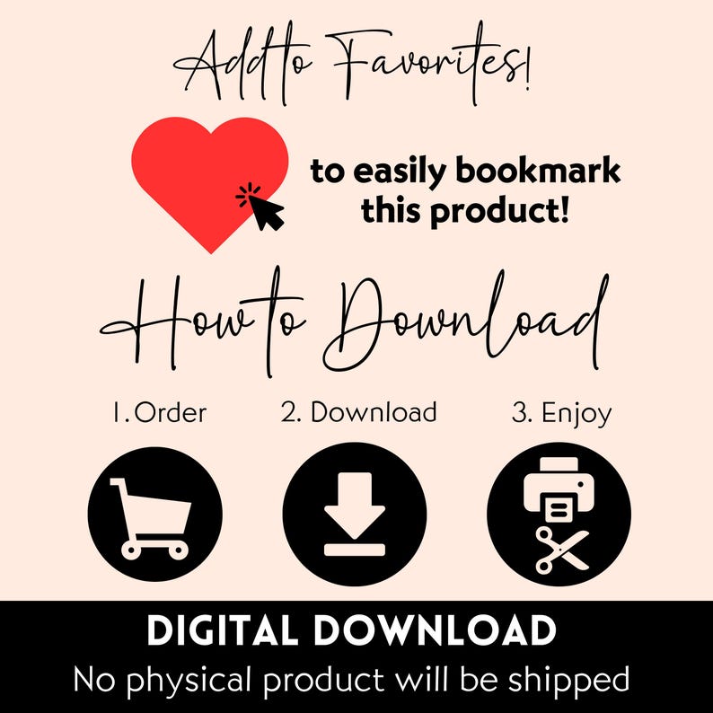 Puede incluir: Gr&aacute;fico de descarga digital con instrucciones. El texto dice "&iexcl;A&ntilde;adir a favoritos!" con un coraz&oacute;n rojo y un cursor, y "C&oacute;mo descargar" con pasos numerados. El banner inferior dice "DESCARGA DIGITAL No se enviar&aacute; ning&uacute;n producto f&iacute;sico."