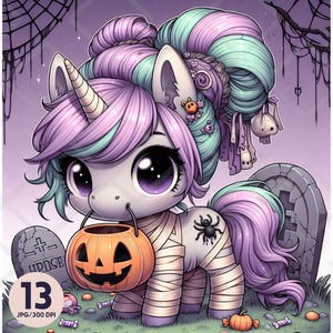 A pastel-colored unicorn wrapped in mummy bandages stands in a spooky graveyard holding a pumpkin candy bucket. Its mint and lavender mane is styled in a bun with dangling plush charms and tiny ghosts. A black spider tattoo decorates its shoulder, and the background features tombstones, cobwebs, and soft purple lighting. The overall feel is adorable and creepy, perfect for Halloween crafts and cute gothic designs.
