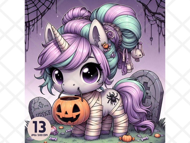 A pastel-colored unicorn wrapped in mummy bandages stands in a spooky graveyard holding a pumpkin candy bucket. Its mint and lavender mane is styled in a bun with dangling plush charms and tiny ghosts. A black spider tattoo decorates its shoulder, and the background features tombstones, cobwebs, and soft purple lighting. The overall feel is adorable and creepy, perfect for Halloween crafts and cute gothic designs.