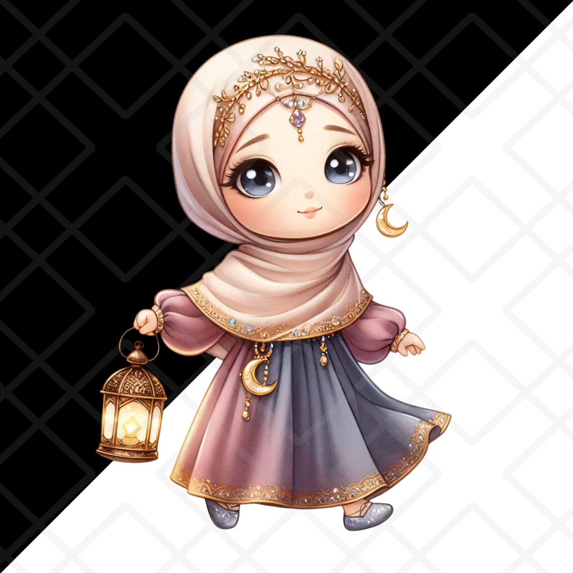 Modesty Sticker Islam Cute Hijabi Chibi Girl Clipart Ramadan Lantern Muslim Islam Muslimah ...