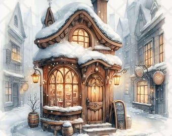 15 verhalenboek vintage koffiehuisje JPG aquarel besneeuwde coffeeshop clipart winter kerstdorp scène JPG scrapbooking vakantie ambachten