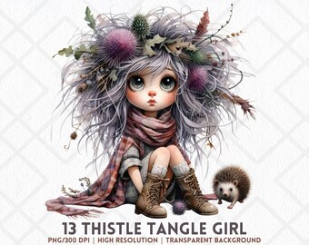 Grillige herfst meisje clipart schattig herfst distel wirwar meisje PNG rustiek bos bos PNG bos meisje digitale stickers journaling Craft