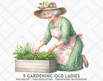 Gartenarbeit alte Dame Clipart PNG niedlich Grandmacore Cottage Oma Blumen Schürze Senior Frau Gartenarbeit Transparent PNG Journaling Scrapbooking
