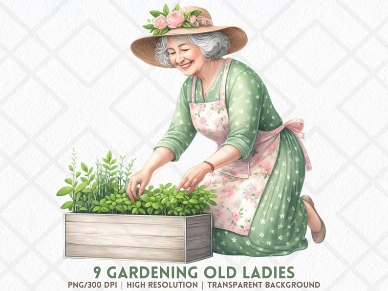 Gardening Old Lady Clipart PNG Cute Grandma Cottagecore Granny Floral ...