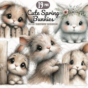 May include: Digital art featuring several adorable bunnies with large eyes and fluffy fur. Some bunnies are behind a wooden fence, while one wears a floral crown. The image includes the text "Cute Spring Bunnies" and "300 DPI TRANSPARENT BACKGROUND".