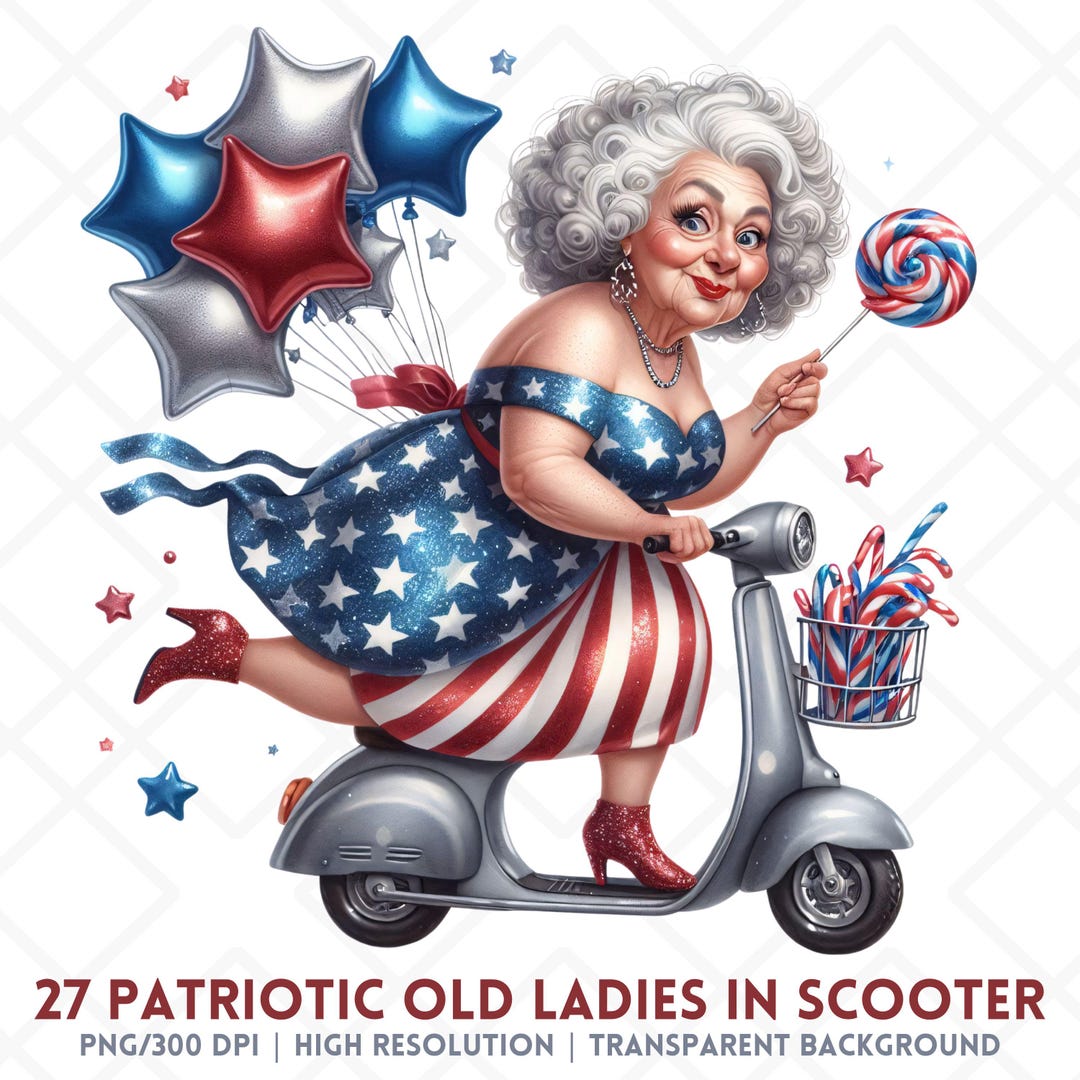 July Lady Patriotic Granny on Scooter PNG, 4th of July Funny Old Lady Clipart ...