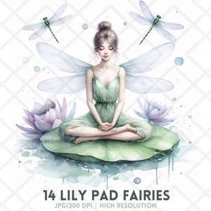 Hadas de nenúfar (JPG), hada de fantasía serena de acuarela con alas de libélula, diseño de sublimación de hadas caprichosas de verano en un estanque de lotos