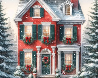 12 kersthuis clipart JPG rode bakstenen huis met kransen winter vakantie dorp kunst digitale download voor stickers en sublimatie
