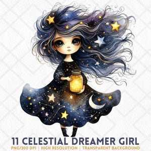 Celestial Dreamer Girl PNG, Whimsical Windswept Hair Girl PNG, Watercolor Fairytale Cartoon Girl Clipart, Digital Download for Junk Journal