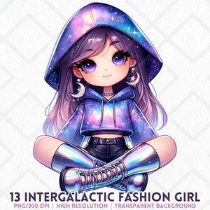 May include: Digital illustration of a seated anime-style girl wearing a galaxy-themed hoodie, black shorts, and silver boots. She has purple hair, large eyes, and crescent moon earrings. The image includes the text "13 Intergalactic Fashion Girl".