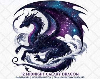 Midnight Galaxy Dragon Clipart Purple Cosmic Dragon Art Celestial Fantasy Dragon for Sublimation Stickers Junk Journal Digital Download