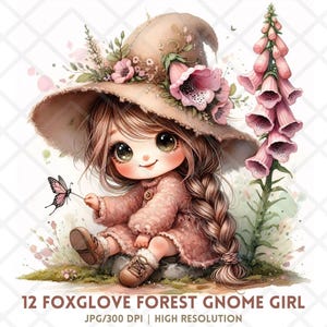 Clipart JPG fantaisiste de fille de gnome digitale, rêve fantastique JPG, Kawaii Chibi JPEG, jolie ferme pays esthétique autocollants numériques